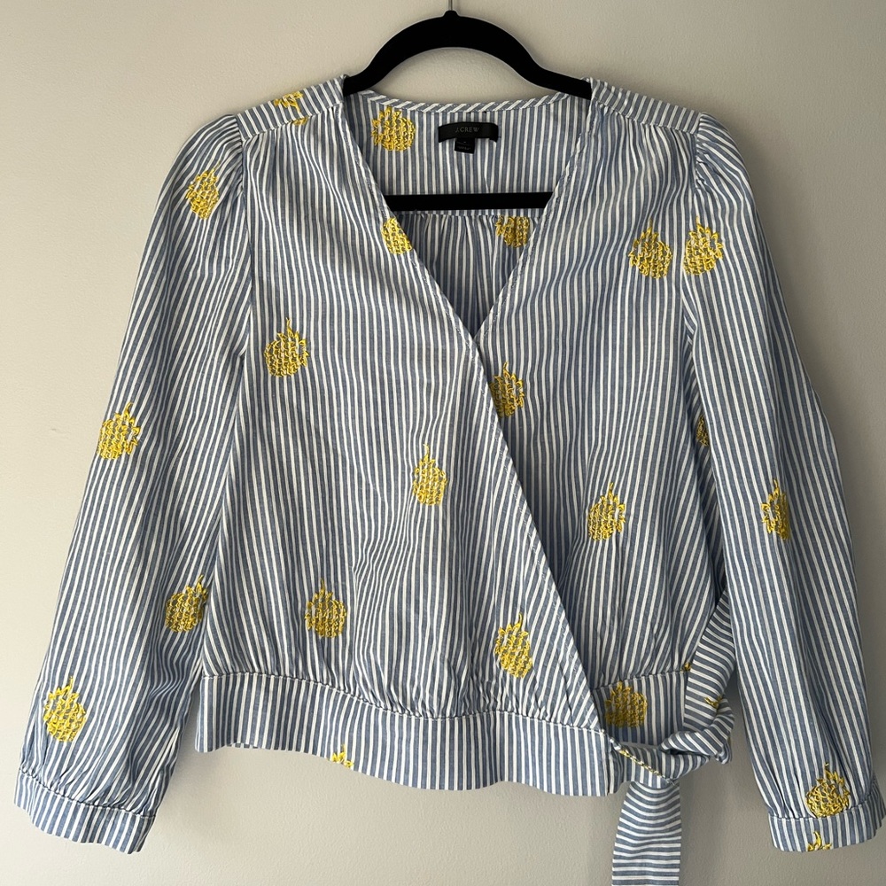 J Crew pineapple embroidered wrap blouse medium